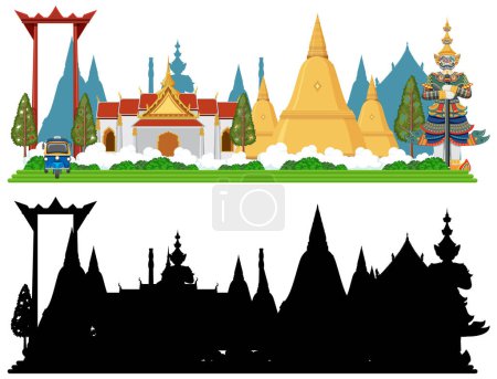 Illustration for Thailand tourist attraction landmark with silhouette illustration - Royalty Free Image