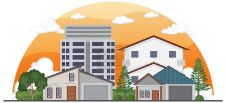 Ilustración de Urban landscape with houses and buildings illustration - Imagen libre de derechos