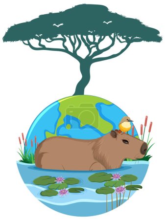 Téléchargez les illustrations : Capybara in pond nature background illustration - en licence libre de droit