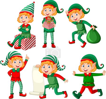 Illustration for Cute kid wearing elf costume cartoon set illustration - Royalty Free Image