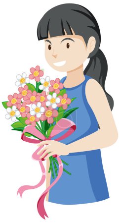 Téléchargez les illustrations : Black hair girl holding bouquet of flowers illustration - en licence libre de droit