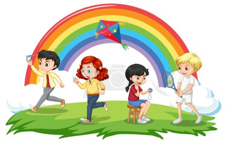 Téléchargez les illustrations : Happy children playing different sports illustration - en licence libre de droit