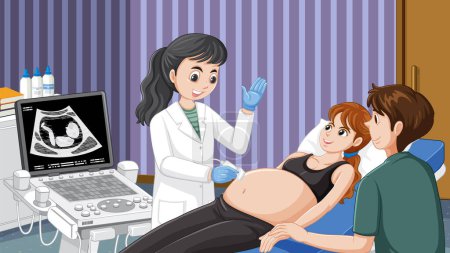 Téléchargez les illustrations : Doctor doing ultrasound scan for pregnant woman in hospital illustration - en licence libre de droit