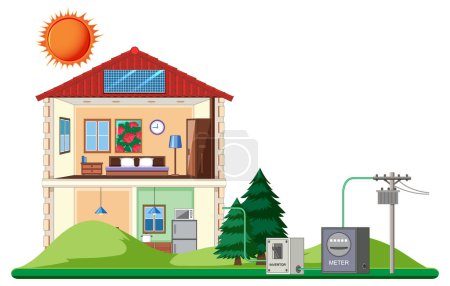 Illustration for Solar energy with house and solar cell illustration - Royalty Free Image