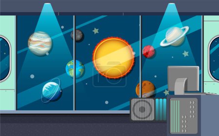 Téléchargez les illustrations : A room decorated with solar system planets template illustration - en licence libre de droit