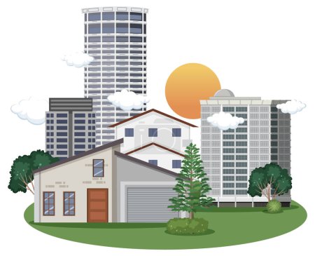 Téléchargez les illustrations : Urban landscape with houses and buildings illustration - en licence libre de droit