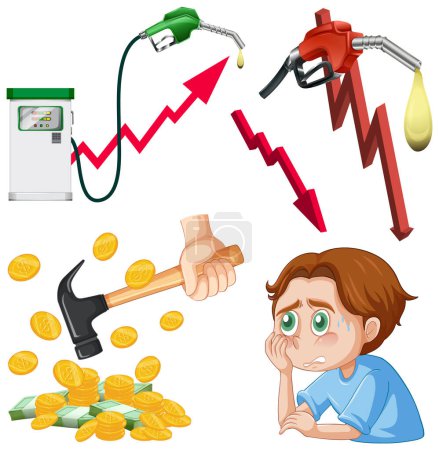 Ilustración de Conjunto de ejemplos de crisis de inflación y recesión económica - Imagen libre de derechos