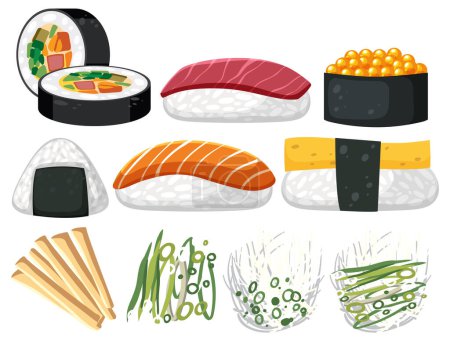 Ilustración de Conjunto de diferentes alimentos japoneses ilustración - Imagen libre de derechos