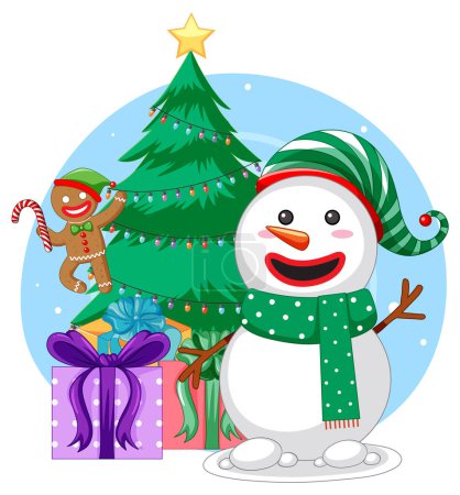 Illustration for Snowman and Christmas tree isolated illustration - Royalty Free Image