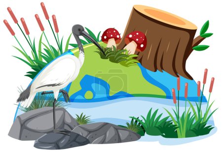 Illustration for White Ibis by nature pond illustration - Royalty Free Image