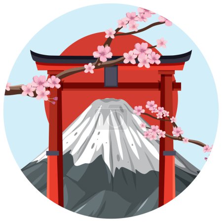 Illustration for Torii traditional Japanese gate and Fuji illustration - Royalty Free Image