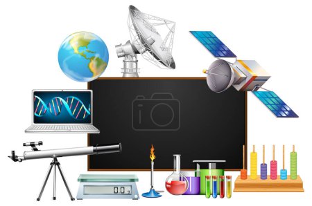 Illustration for Empty board template decorated with science objects illustration - Royalty Free Image