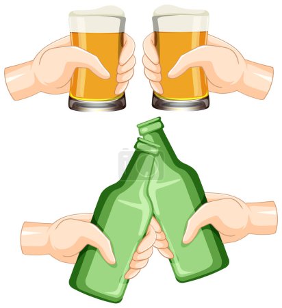 Illustration for Clinking beers hands holding beer glasses illustration - Royalty Free Image