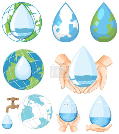 Téléchargez les illustrations : Set of waterdrops and earth globes illustration - en licence libre de droit