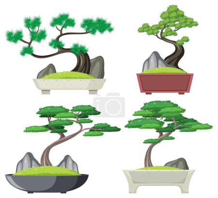 Téléchargez les illustrations : Jeu de bonsaïs illustration isolée - en licence libre de droit