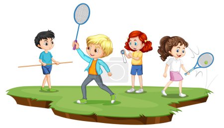 Ilustración de Happy children playing different sports illustration - Imagen libre de derechos