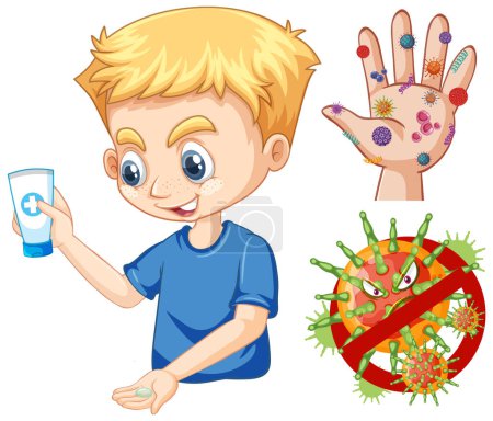 Ilustración de Niño con desinfectante de manos para limpiar ilustraciones - Imagen libre de derechos