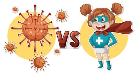 Illustration for Super hero girl vs bacteria virus cartoon illustration - Royalty Free Image
