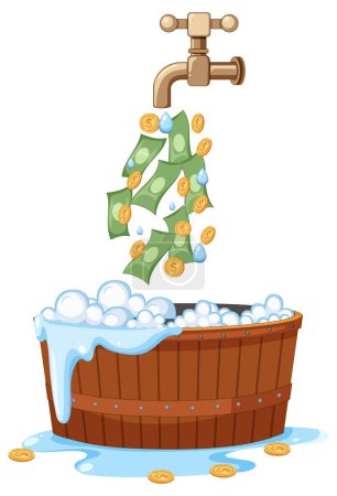 Illustration for Water and money flowing from water tap illustration - Royalty Free Image