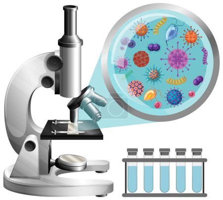 Téléchargez les illustrations : Microscope view germs and virus illustration - en licence libre de droit