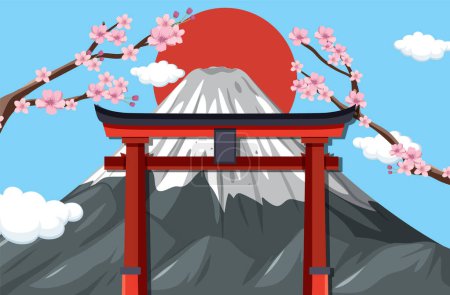 Illustration for Japan scene with Fuji mountain and Torii gate illustration - Royalty Free Image