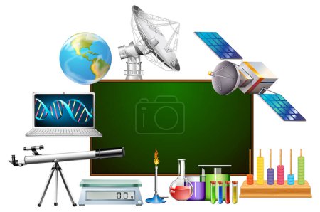 Illustration for Empty board template decorated with science objects illustration - Royalty Free Image