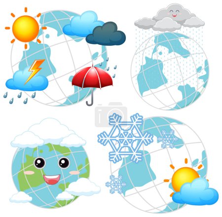 Téléchargez les illustrations : Set of weather and earth globe icons illustration - en licence libre de droit