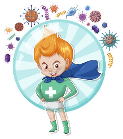 Illustration for Hero boy with germ attack text illustration - Royalty Free Image