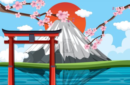 Illustration for Japan scene with Fuji mountain and Torii gate background illustration - Royalty Free Image