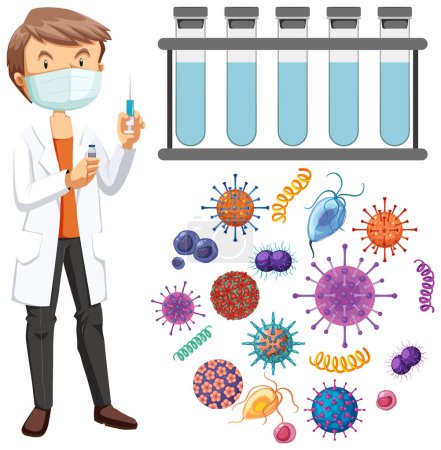 Ilustración de Un médico que sostiene la vacuna con gérmenes e ilustración del virus - Imagen libre de derechos