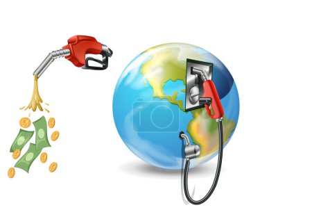 Fueling nozzle gasoline and earth planet on white background illustration