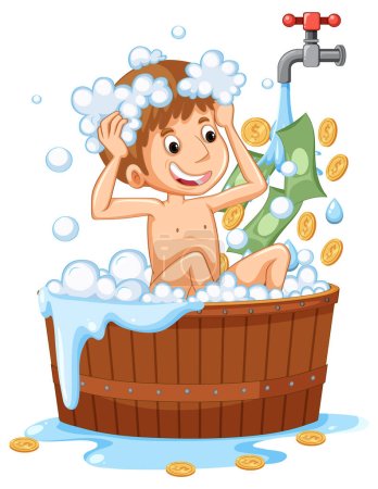 Téléchargez les illustrations : Garçon prenant bain dans la baignoire avec des billets et des pièces tombant illustration - en licence libre de droit