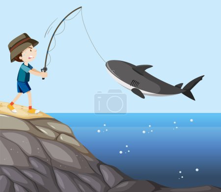 Téléchargez les illustrations : Boy fishing baby shark cartoon character illustration - en licence libre de droit