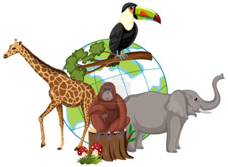 Ilustración de Animals standing on earth planet illustration - Imagen libre de derechos