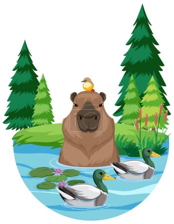 Téléchargez les illustrations : Capybara in nature pond with ducks illustration - en licence libre de droit