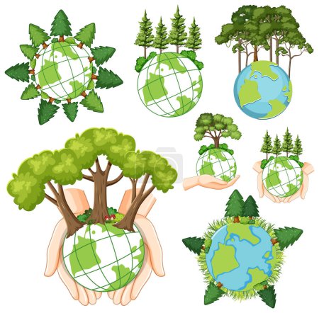 Illustration for Set of earth globes and trees illustration - Royalty Free Image
