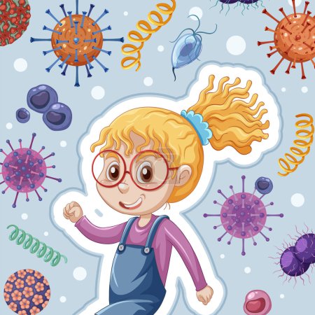Téléchargez les illustrations : A girl surrounded by germs background illustration - en licence libre de droit