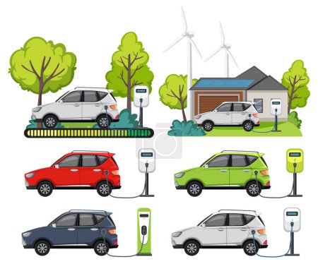 Conjunto de estaciones de carga de vehículos eléctricos ilustración