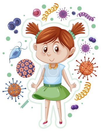 Illustration for A girl surrounded by germs illustration - Royalty Free Image