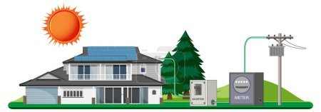 Téléchargez les illustrations : Énergie solaire avec maison et cellule solaire illustration - en licence libre de droit