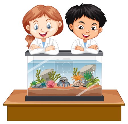 Ilustración de Two kids observe an aquarium fish tank illustration - Imagen libre de derechos
