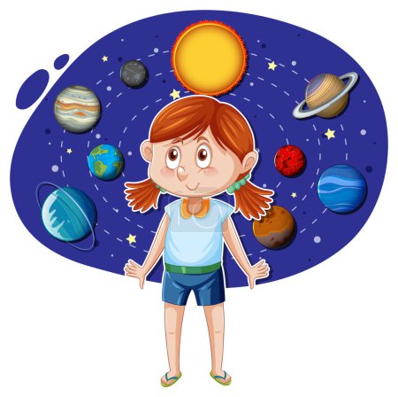 Illustration for Little girl on solar system background illustration - Royalty Free Image