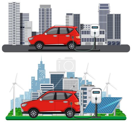 Téléchargez les illustrations : EV charging station with electric car illustration - en licence libre de droit