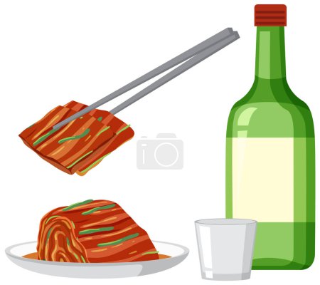 Illustration for Kimchi and Soju with Glass illustration - Royalty Free Image