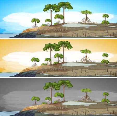 Téléchargez les illustrations : Set of mangrove forest outdoor background illustration - en licence libre de droit