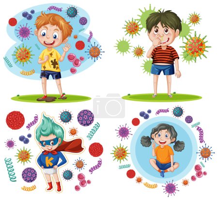 Illustration for Set of boy surrounded by germ illustration - Royalty Free Image