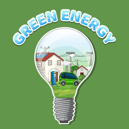 Téléchargez les illustrations : Green energy text with lightbulb banner template illustration - en licence libre de droit