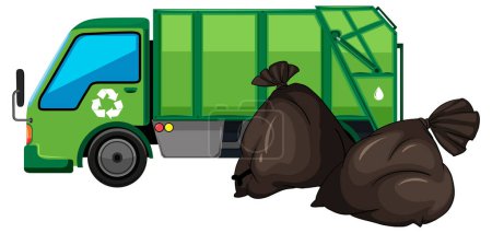Illustration for Garbage truck in green color with trash bag illustration - Royalty Free Image