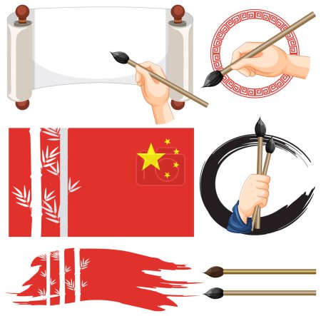 Illustration for Chinese flag symbol with ink brush set illustration - Royalty Free Image