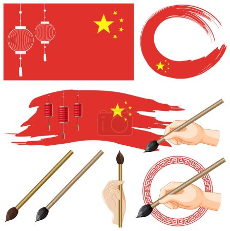 Ilustración de Símbolo de bandera china con ilustración de pincel de tinta - Imagen libre de derechos